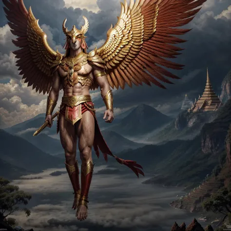 Garuda bird, human male, bird head The head is probably a bird. Has a birds head, red feathers, red eye details, muscular body, best anatomy, red skin, red feathers on the body. Big red wings spread out. perfect wingspan Wear jewelry made from gold with Th...