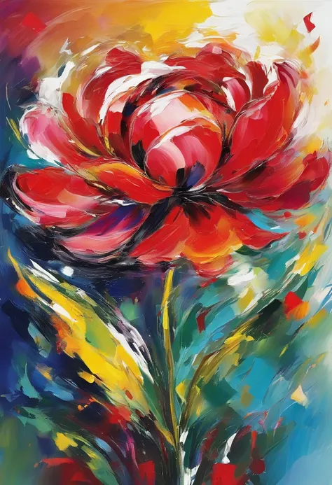 Draw an abstract painting of a single flower.,bright red peony flower、use acrylic paint、Abstract artist known for his unique use of acrylic pouring, real brush strokes，aesthetic composition，Minimal style, hali々Smooth brushstrokes、gorgeous shape、Bright red ...