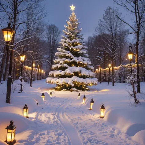 in woods, A night wrapped in warm light,  Snow flutters,  flowers and presents,Glittering Christmas Tree