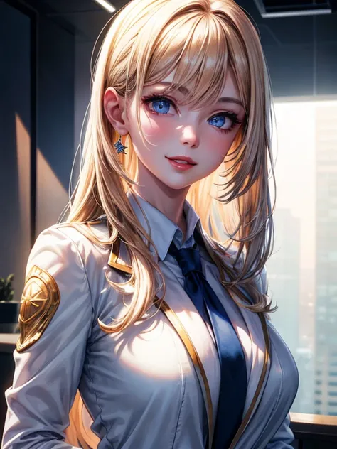 (masterpiece, best quality, ultra-detailed, highres, best illustration), perfect face, sidelighting, lustrous skin, (shine), ray tracing, 1girl, white skin adult female, solo, office background, elegant office worker, smile, looking at viewer, blue eyes, l...