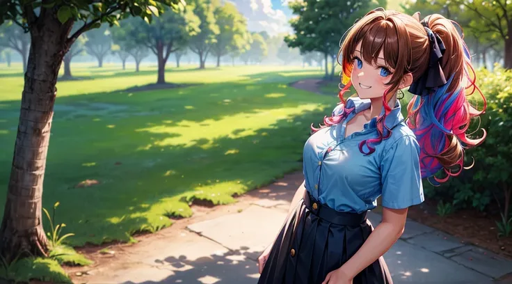 1girl, solo, full body, summer, village, trees, sun, clouds, colorful hair, curly hair, ponytail, large breasts, button down, dark blue eyes, ((colorful shirt)), ((unbuttoned shirt)), ((short sleeved shirt)), skirt, brown shoes, grin, looking at the viewer...