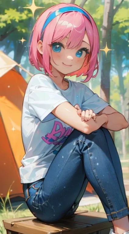 (masterpiece, best quality, ultra high res, 8k, perfect anatomy, extremely detailed:1.2),
BREAK
(photo of 1 camping cute girl at a campsite:1.5), (wearing T-shirt, jeans:1.5), (pink hair, short bob hair, hairband, blue eyes, middle breasts:1.2), big anime ...