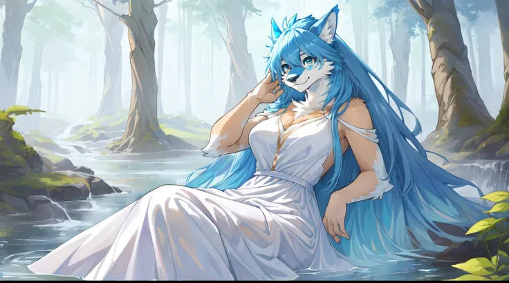 Top quality, ultra-fine illustrations, bathing in water, beautiful refraction of water, white dress soaked in water, transparent clothing, Rich colors, Dreamy, mystical, erotic(In the forest where the stream flows, Backlighting)(beautiful face and eyes wit...