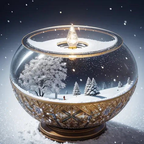 snow bowl, Glitter, fine workmanship, Super Quality，Very sophisticated、with an intricate，microcosm，(new year elements under macro lens)，Snow Crystal、lamplight，Presenting a unique micro perspective,new year atmosphere，Warm color palette