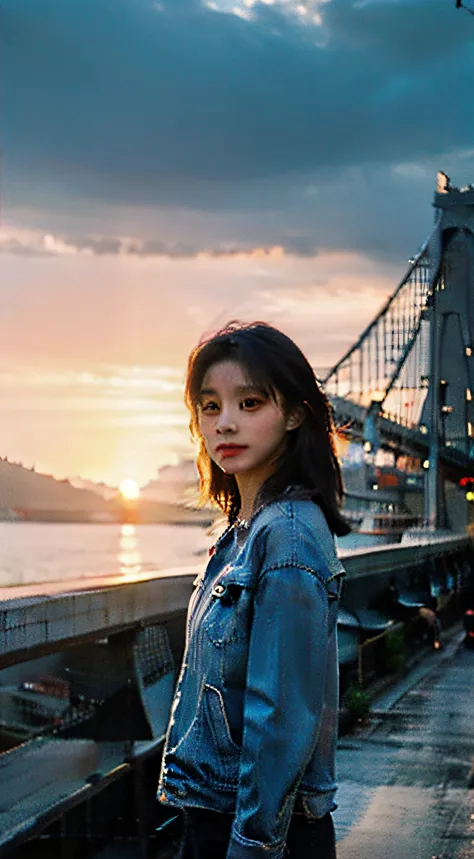 under a neon，a girl stands on the chongqing yangtze river bridge