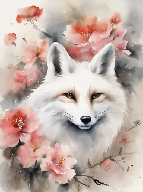 Traditional chinese painting，artistic conception，Oyuknowflower，white fox，closeup cleavage，8K分辨率，Super meticulous