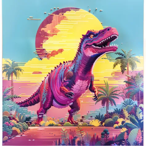 ultra realistic full embroidery tyrannosaurus rex embroidery art um close de um dinossauro em um campo com palmeiras, dinossauro pixel art, Dinossauro Trex, Jurassic image, arte detalhada do pixel, Jen Bartel, Tiranossauro rex, retro art, Trex, Dino cromad...