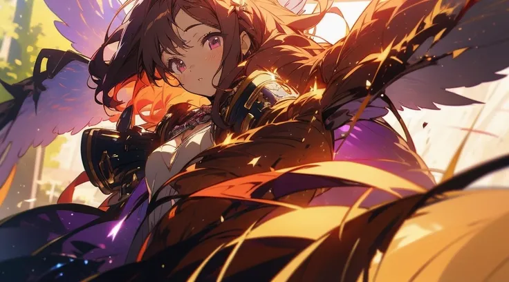 best quality girl anime fairy with shiny wings purple well detailed with golden details long wavy red hair detailed eyes purple details clothes with golden neckline with black detailed brown skin color