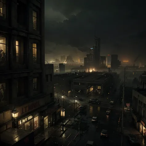 It cant rain all the time. A Photorealistic Hyper-Detailed Rendering Sinister and dark colored Post-Apocalyptic City Ruined by Zombies, Dark Fantasy, Eerie yellow Ambience, Unreal Engine 5, horror, high resolution, detailed digital art, painting by Vladimi...