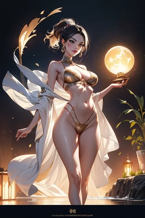 Goddess girl, gorgeous one, splash up, butterflys, Smooth pen and ink,Tom Bagshaw Art Station《the face》,lunar goddess, Whole body diagram, Contemptuous eyes, 详细sthe face, (Upper part of the body: 1.4), (underwear  transparent: 1.3), Golden decoration, soli...