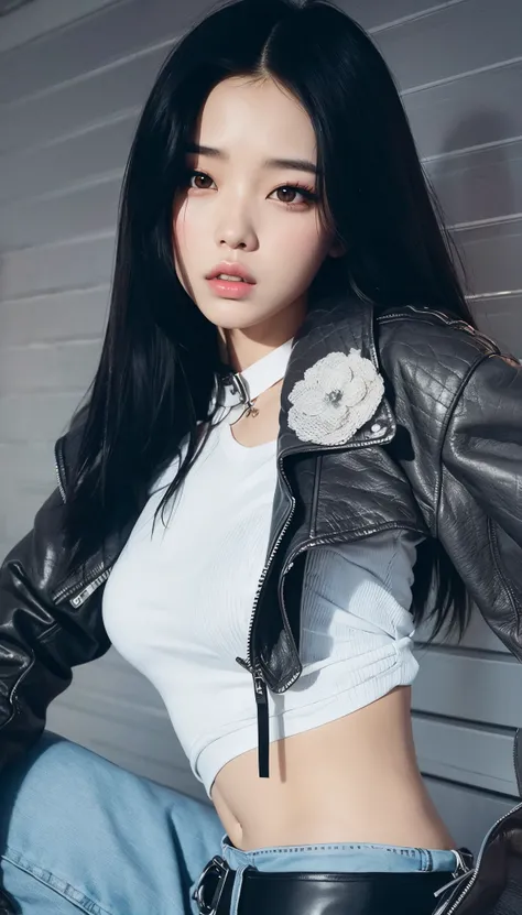 Araffe Asian woman in a white shirt and black leather jacket, Jisoo do Blackpink, jisoo do blackpink, Bae Suzy, Jinyoung Canela, Dom Yunjoo, menina coreana, Retrato Jisoo Blackpink, ela usa jaqueta de couro, Mulher sul-coreana bonita, Modelo de moda femini...