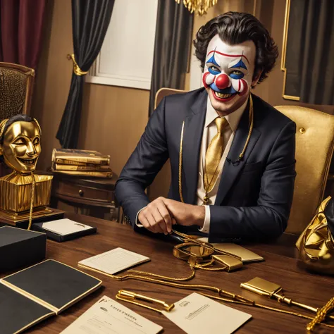 Man in his dark room with clown mask and smiling, a lot of money on the table a notebook showing an investment graph, with gold cords around the neck