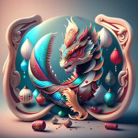 Full scene. Main subject: Chinese dragon and Chinese dragon and more Chinese dragon. Details: Chinese ornamentation, capsuled, pills, highly capsuled, trend on behance 3 d art, stunning Chinese artwork, extremely high quality artwork, beautiful artwork, co...