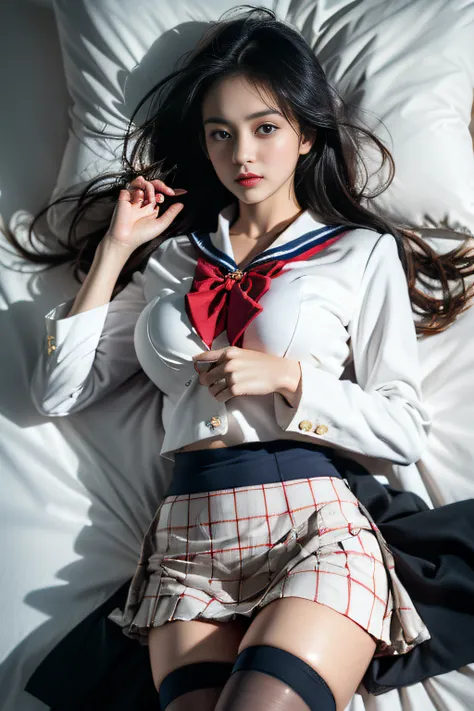 ( Girl lying in bed)，Charming eyes，Heartwarming action，Turn your face away from the camera，stooped，Bend over，turn back，Look up at your head，thick and long black hair，Highly detailed body，Highly detailed face，best qualtiy、(P boobs iNK underwear),(High Schoo...