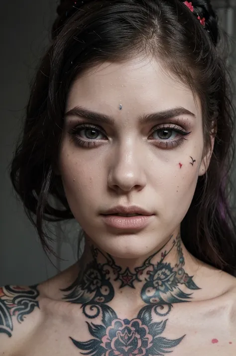 a close up of a woman with a tattoo on her face, a tattoo by John Luke, tumblr, toyism, she looks like a mix of grimes, looks like a mix of grimes, looks a blend of grimes, resembling a mix of grimes, grimes, style of seb mckinnon, sexy face with full make...