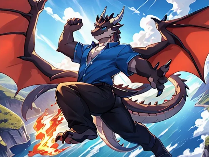 1 Black wywern, best quality, Masterpiece, Dragon wings, Dragon horns, scales, claws, Blue eyes, detailed eyes, flame breathe on the mouth, wear blue shirt, black pants, flying, sunny day, sky