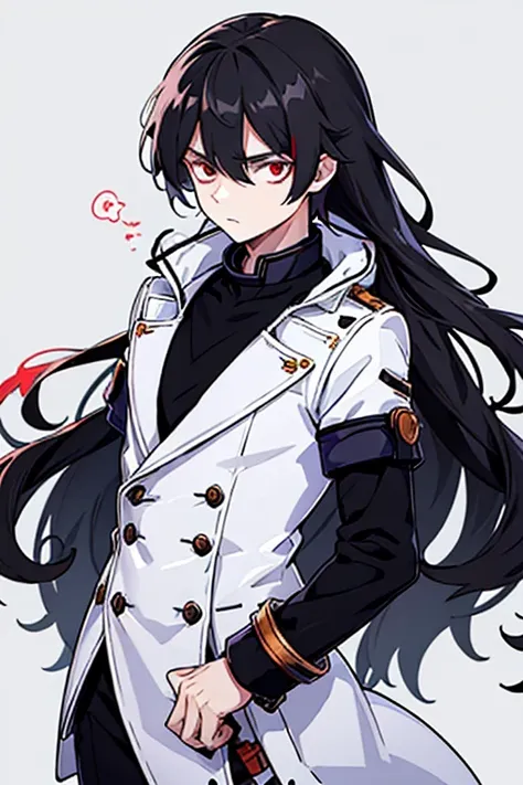 a man with long hair and red eyes, wearing a large white coat over a black woolen shirt with a high collar. his hair cascades do...