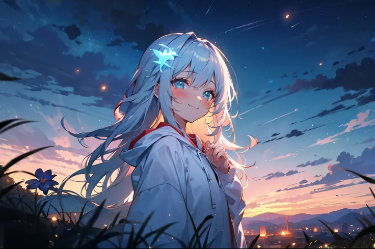 Starry sky, ((solo)), glow star, cyan eyes, white long hair, white hoodie, smile, blush, fireflies, detailed, beautiful clouds,