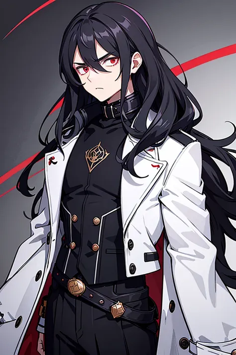 a man with long hair and red eyes, wearing a large white coat over a black woolen shirt with a high collar. his hair cascades do...