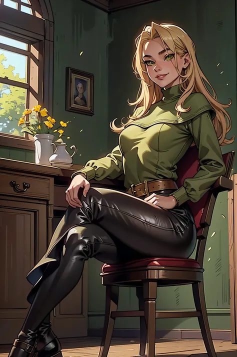 1girl, solo, 16 years old, loose blond hair, wearing velvet red leggings and green sweather, sitting on a chair in classroom, crossing legs, smiling embarassed, side view, bare forehead, hooked nose, puffy cheeks, small breast, alluring, flirty, confident,...