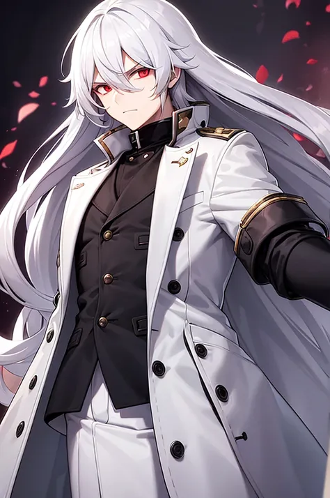 a man with long hair and red eyes, wearing a large white coat over a black woolen shirt with a high collar. his hair cascades do...