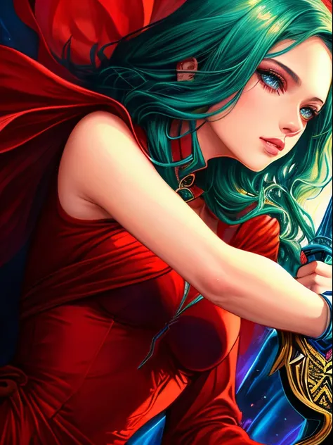 Close-up of a woman in a red dress holding a sword, inspired by Magali Villeneuve, graphic artist magali villeneuve, magali villeneuve, Alice X. Zhang, beautiful character painting, magali villeneuve, Yang J, neoartcore and charlie bowater