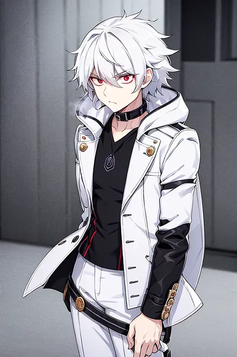 a man with long hair and red eyes, wearing a large white coat over a black woolen shirt with a high collar. his hair cascades do...