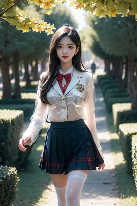 (( A girl walking along a row of ginkgo trees))，Charming eyes，Heartwarming action，Turn your face away from the camera，stooped，Bend over，turn back，Look up at your head，thick and long black hair，Highly detailed body，Highly detailed face，best qualtiy、(P boobs...