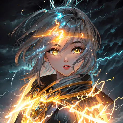 a close-up of a woman with lightning hair and yellow cape, goddess of lightning, she attracts lightning, lightning fantasy magic...