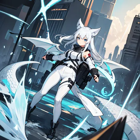 8k resolution, high quality, high resolution, best quality, best resolution, absurd resolution, ray tracing, high detailed, white hair, female,white wolf ears, teenage girl, slim body, white scale dragon tail,black combat boots,dark camo pants, black t-shi...