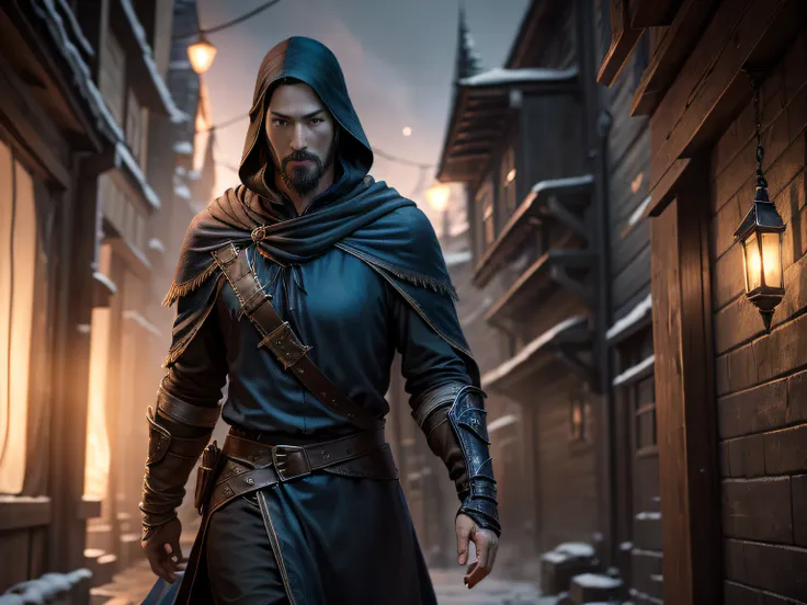 1 mage, keanu reeves, fantastic wizard, dressed as a skyrim mage, college of winterhold clothes, in the hood, simple dress, cine...