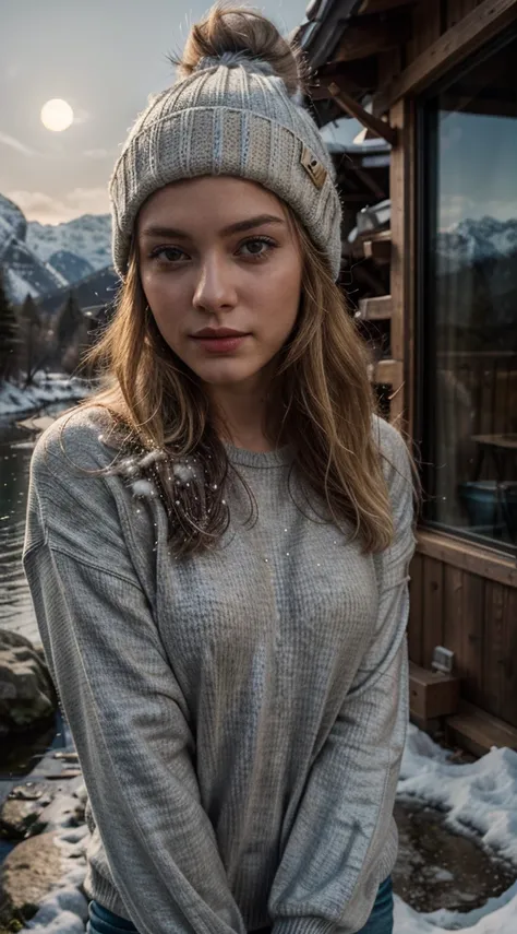 same blonde, photorealistic, best quality, hyper detailed, beautiful woman, selfie photo, upper body, solo, wearing pullover, outdoors, (night), mountains, snow everywhere, real life nature, stars, moon, (cheerful, happy), sleeping bag, gloves, sweater, be...