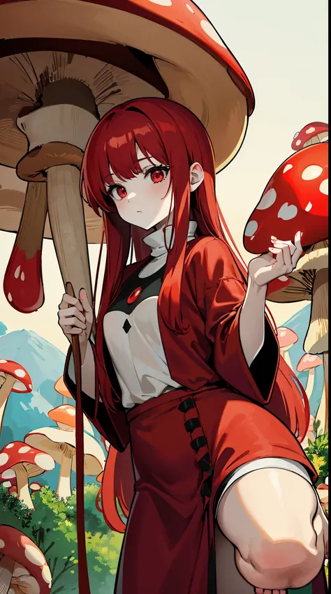 Masterpiece, Close up, Young pretty girl, red hair, red eyes, (((pale skin))), (((Giant mushroom hat under the head))), (medieval clothes), cold expression, barefoot, background florest, autumn season.