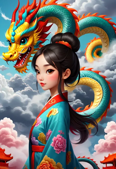 modern girl and cute chinese dragon，colorful auspicious clouds，chinese dragon tail，chinesedragon，anatomical correct，cloud fog