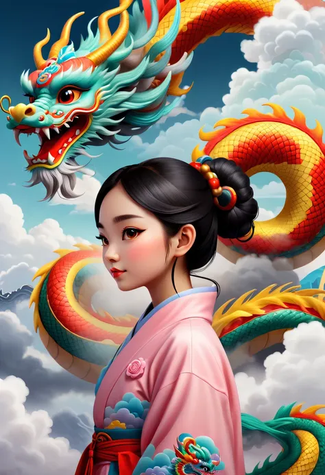 modern girl and cute chinese dragon，colorful auspicious clouds，chinese dragon tail，chinesedragon，anatomical correct，cloud fog