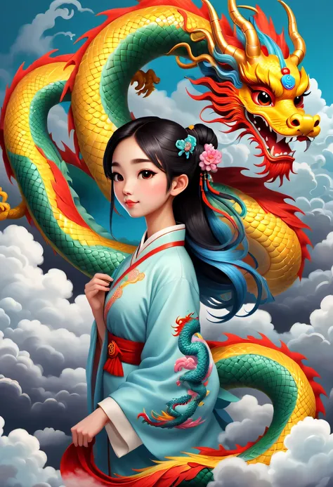 Modern girl and cute chinese dragon，Colorful auspicious clouds，Chinese dragon tail，chinesedragon，Anatomical correct，Cloud fog