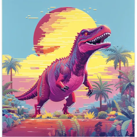 ultra realistic full embroidery tyrannosaurus rex embroidery art um close de um dinossauro em um campo com palmeiras, dinossauro pixel art, Dinossauro Trex, Jurassic image, arte detalhada do pixel, Jen Bartel, Tiranossauro rex, retro art, Trex, Dino cromad...