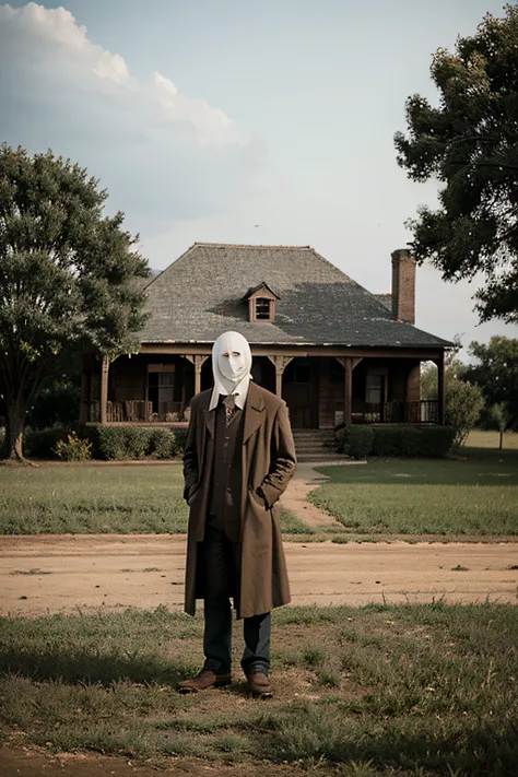 the ghost of a man with no head, standing in front of an OLD COUNTRY HOME.