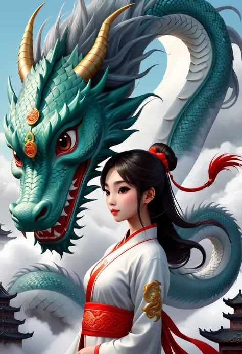 modern girl and cute chinese dragon，china xiangyun，chinese dragon tail，chinesedragon，anatomical correct，cloud fog