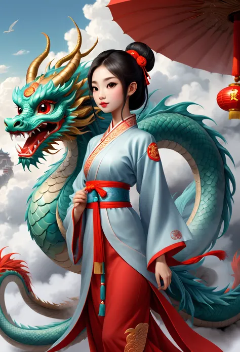 modern girl and cute chinese dragon，china xiangyun，chinese dragon tail，chinesedragon，anatomical correct，cloud fog