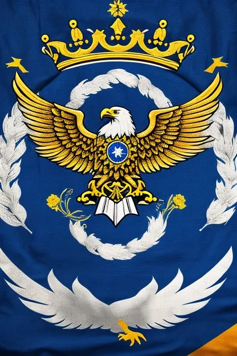 crie uma bandeira com um campo azul dominando o fundo. In the center is showing a golden crown surrounding with five symbols: an eagle, uma pomba, um tridente, uma foice uma chama.