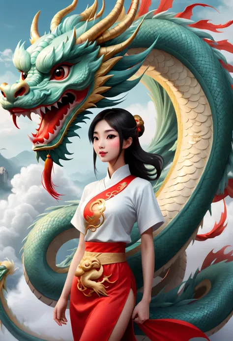 modern girl and cute chinese dragon，china xiangyun，chinese dragon tail，chinesedragon，anatomical correct，cloud fog