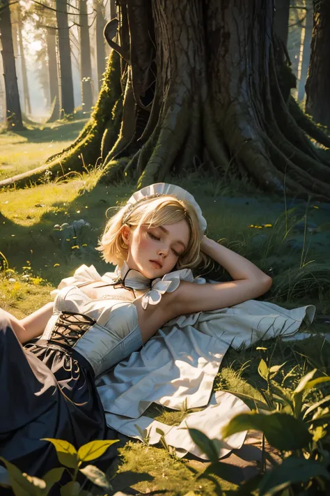 Marta Gromova (Ukrainian Model), short hair, blonde, wearing medieval maid dress, 
lying down sleeping at the ground in a forest