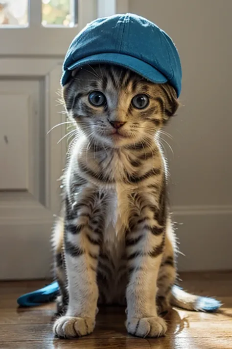 little yellow kitten with blue cap