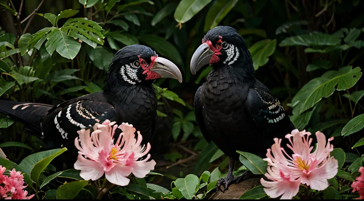 Rhododendron wild flowers and hornbills