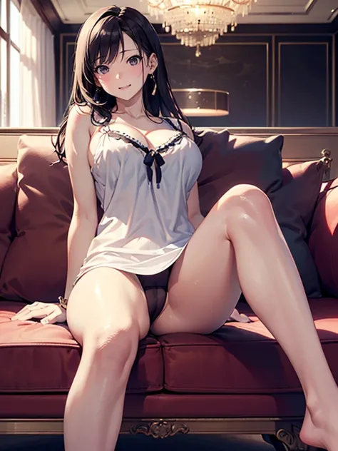 (top-quality,High resolution, (超A high resolution,in 8K),masutepiece:1.2), (Angle from below), (Perfect Anatomy,Anatomically accurate), (Soft lighting, 光线追踪), (((Open legs sitting on a sofa in the lobby of a luxury hotel))), ((Tifa Lockhart)), cute school ...