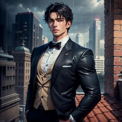 Absurd, high resolution, super detailed), 1 male, , handsome, tall muscular man, broad shoulders, black tuxedo, blue eyes and delicate face, black hair, fantasy, rain,rooftop building,rain