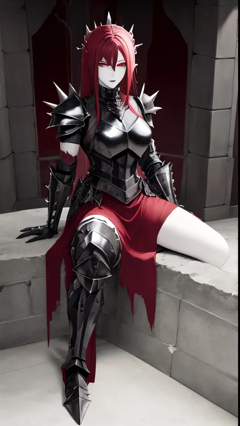 1girl, full body, pale skin, maid outfit, armor, mansion, ruins, muscular, vampire, spiky hair, dark red hair, dark green eyes, sitting, scars on face, armored outfit