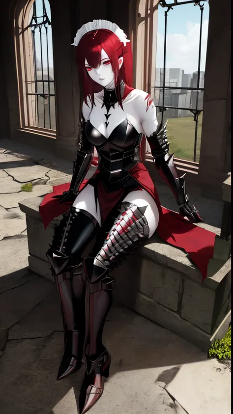 1girl, full body, pale skin, maid outfit, armor, mansion, ruins, muscular, vampire, spiky hair, dark red hair, dark green eyes, sitting, scars on face, armored outfit