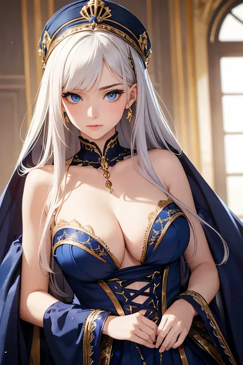 Create an AI-generated image of a captivating young woman who exudes an air of elegance and royalty. She an 18-year-old with stunning white hair and mesmerizing blue eyes. She dressed in regal attire, designed specifically for female royalty but looks more...